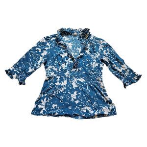 J Crew Blouse Women 8 Cottage Core Floral Ruffled Blue Prairie Hawaii Zip V Neck